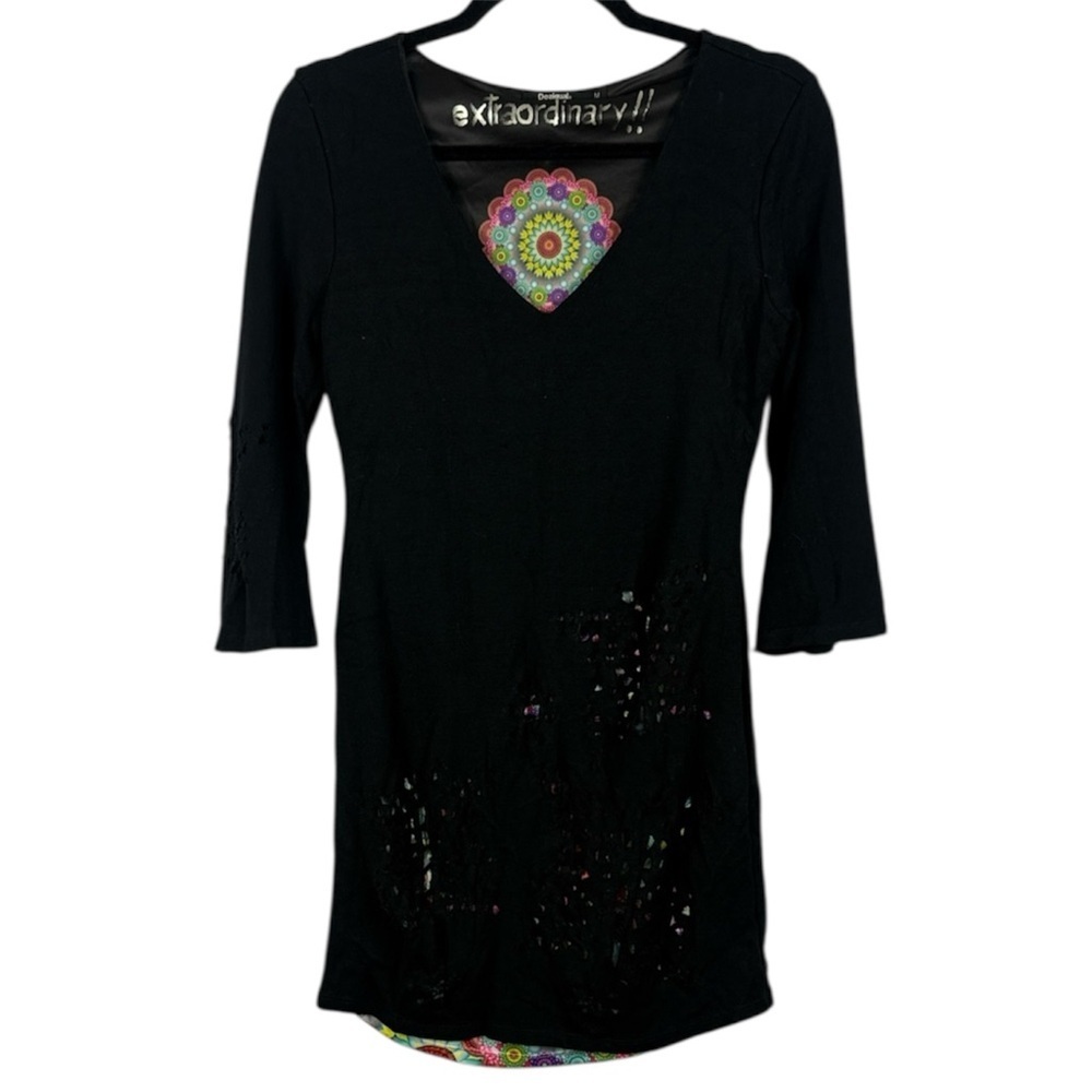 Desigual Black Multicolor Mandala Pattern 3/4 Sleeve Medium Sheath Tunic Dress